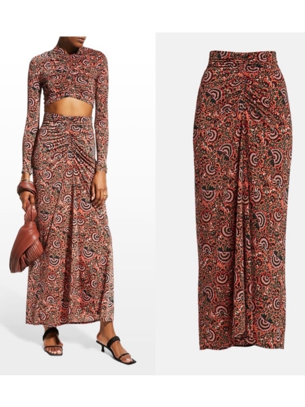 A.L.C. Aureta Ruched Maxi Skirt Coral Floral Boho Bohemian Printed